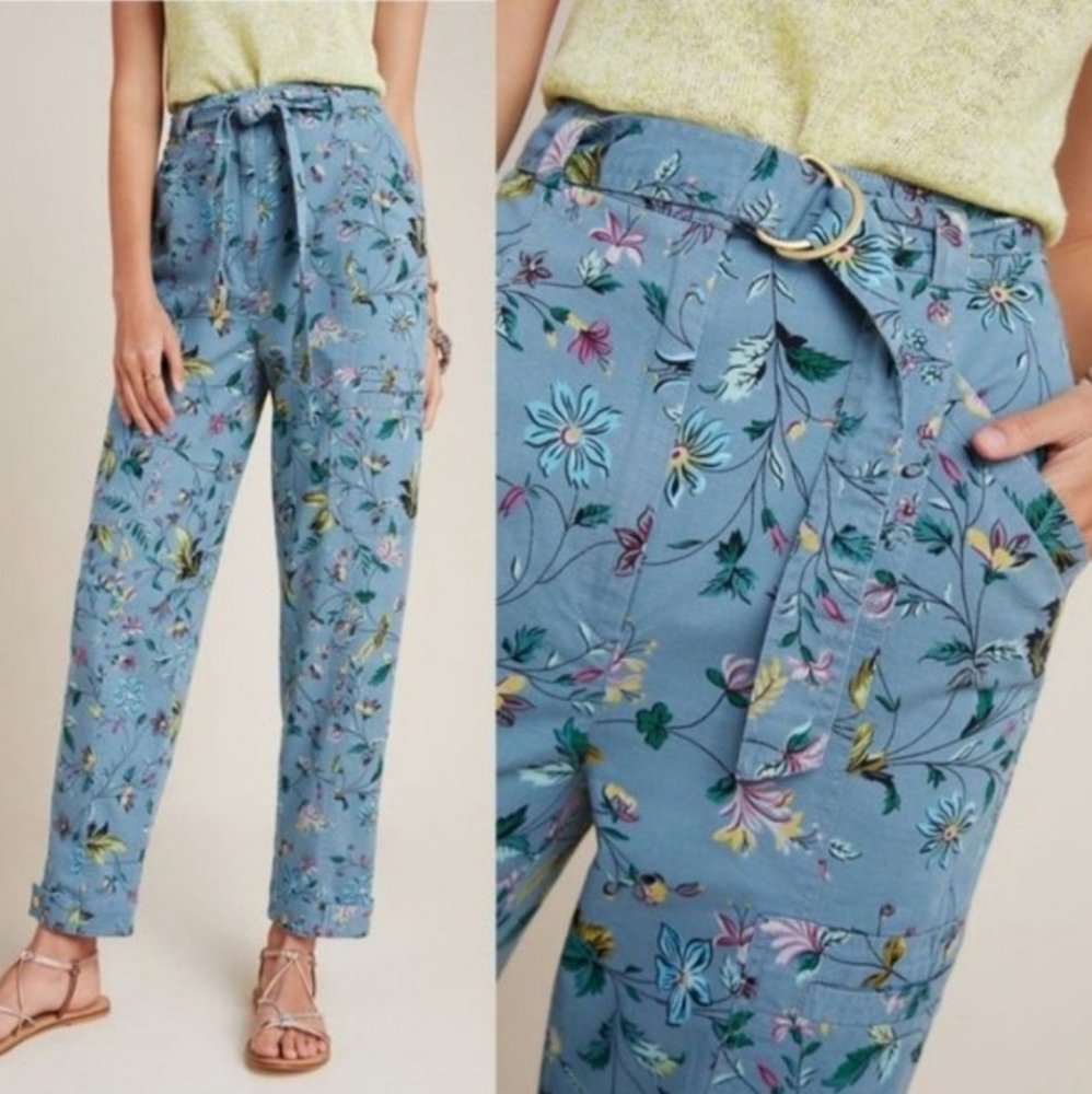 ANTHROPOLOGIE Victoria Floral Boho Cargo Utility Pants Blue - Picture 2 of 12